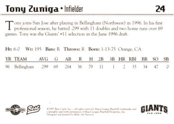1997 Best San Jose Giants #24 Tony Zuniga Back