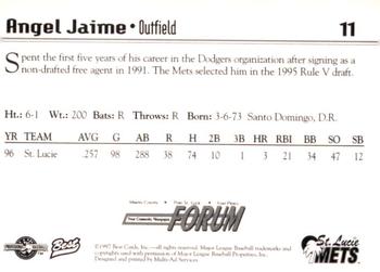 1997 Best St. Lucie Mets #11 Angel Jaime Back