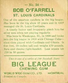 1933 World Wide Gum (V353) #34 Bob O'Farrell Back