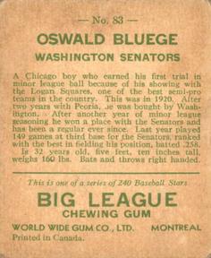 1933 World Wide Gum (V353) #83 Oswald Bluege Back