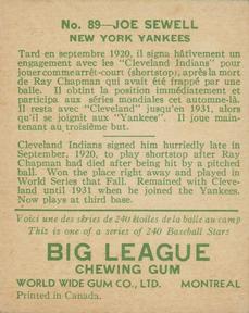 1933 World Wide Gum (V353) #89 Joe Sewell Back