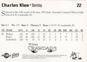 1997 Best Hickory Crawdads Red #22 Charles Klee Back