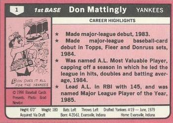 1990 Baseball Cards Presents Baseball Card Boom Repli-cards #1 Don Mattingly Back