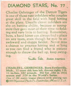 1934-36 National Chicle Diamond Stars (R327) #77 Charlie Gehringer Back