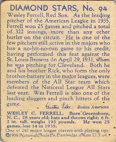 1934-36 National Chicle Diamond Stars (R327) #94 Wes Ferrell Back