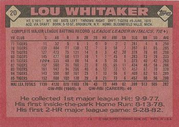 1986 Topps #20 Lou Whitaker Back