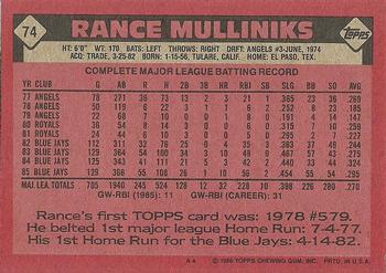 1986 Topps #74 Rance Mulliniks Back