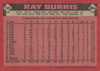 1986 Topps #106 Ray Burris Back