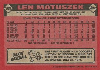 1986 Topps #109 Len Matuszek Back