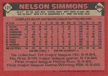 1986 Topps #121 Nelson Simmons Back