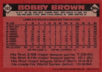 1986 Topps #182 Bobby Brown Back