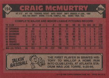 1986 Topps #194 Craig McMurtry Back