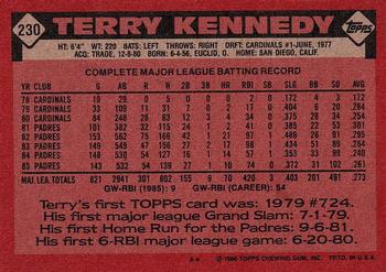 1986 Topps #230 Terry Kennedy Back