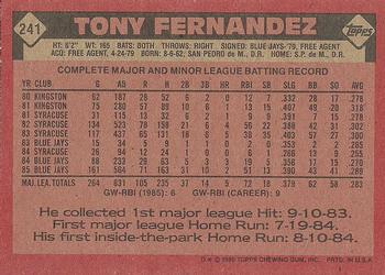 1986 Topps #241 Tony Fernandez Back