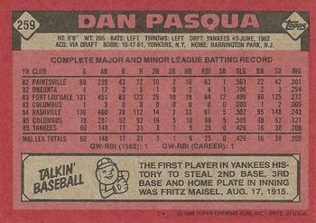 1986 Topps #259 Dan Pasqua Back