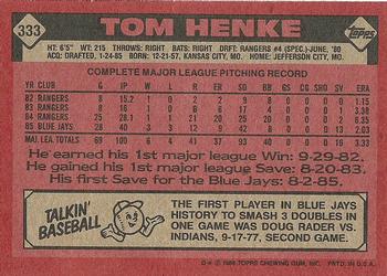 1986 Topps #333 Tom Henke Back