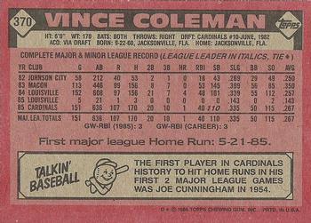 1986 Topps #370 Vince Coleman Back