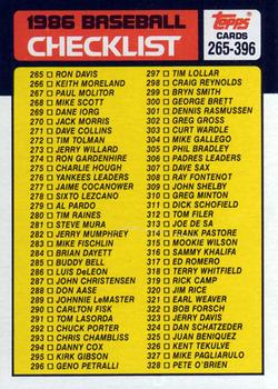 1986 Topps #394 Checklist: 265-396 Front