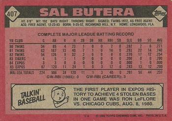 1986 Topps #407 Sal Butera Back