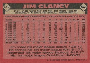 1986 Topps #412 Jim Clancy Back