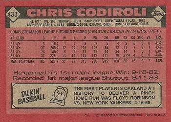1986 Topps #433 Chris Codiroli Back