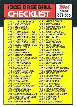 1986 Topps #527 Checklist: 397-528 Front