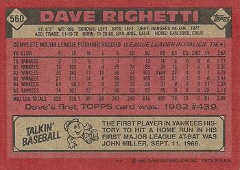 1986 Topps #560 Dave Righetti Back