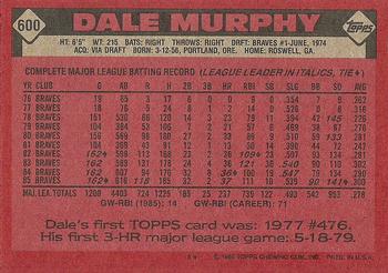 1986 Topps #600 Dale Murphy Back