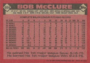 1986 Topps #684 Bob McClure Back