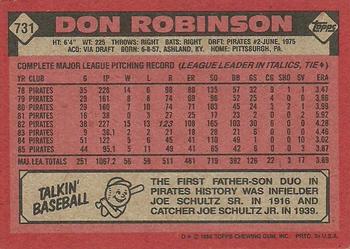 1986 Topps #731 Don Robinson Back