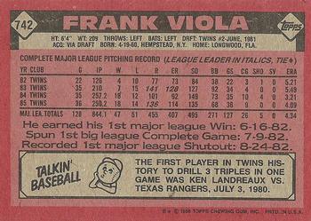 1986 Topps #742 Frank Viola Back