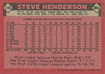 1986 Topps #748 Steve Henderson Back
