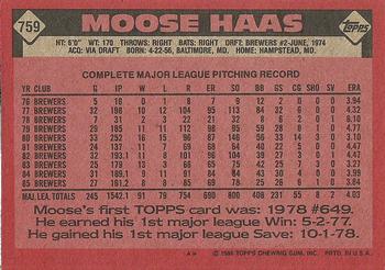 1986 Topps #759 Moose Haas Back