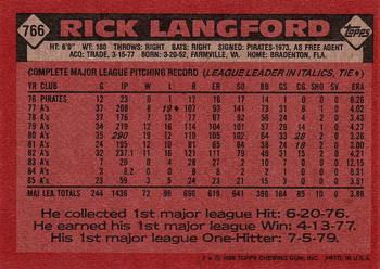 1986 Topps #766 Rick Langford Back