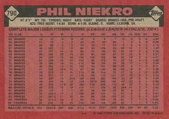 1986 Topps #790 Phil Niekro Back