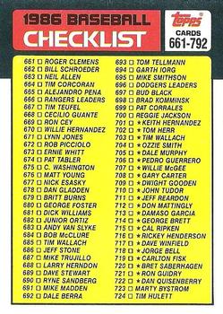1986 Topps #791 Checklist: 661-792 Front