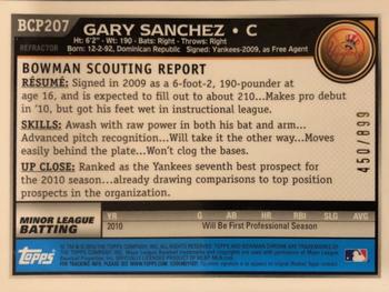 2010 Bowman Chrome - Prospects Purple Refractors #BCP207 Gary Sanchez Back