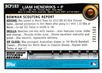2010 Bowman Chrome - Prospects Refractors #BCP183 Liam Hendriks Back