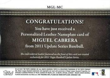 2011 Topps Update - Manufactured Glove Leather Nameplates Black #MGL-MC Miguel Cabrera Back