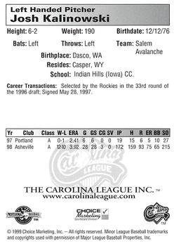 1999 Choice Carolina League Top Prospects #NNO Josh Kalinowski Back