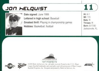 1999 Multi-Ad Appalachian League Top Prospects #11 Jon Helquist Back