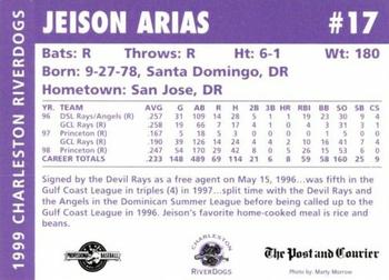 1999 Charleston RiverDogs #NNO Jeison Arias Back