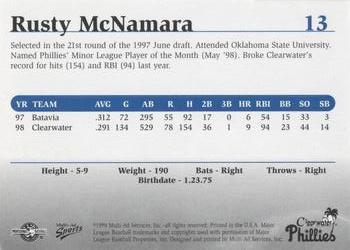 1999 Multi-Ad Clearwater Phillies #13 Rusty McNamara Back