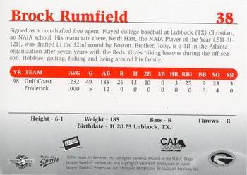 1999 Multi-Ad Delmarva Shorebirds #38 Brock Rumfield Back