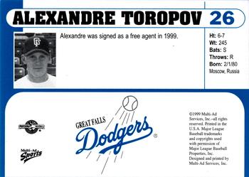 1999 Multi-Ad Great Falls Dodgers #26 Alexandre Toropov Back