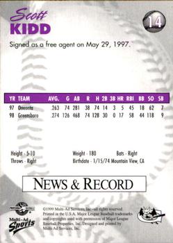 1999 Multi-Ad Greensboro Bats #14 Scott Kidd Back