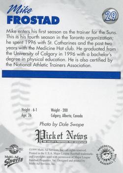 1999 Multi-Ad Hagerstown Suns #29 Mike Frostad Back