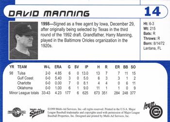 1999 Multi-Ad Iowa Cubs #14 David Manning Back