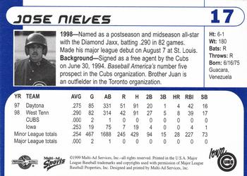 1999 Multi-Ad Iowa Cubs #17 Jose Nieves Back