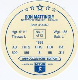 1989 Master Bread Discs #6 Don Mattingly Back